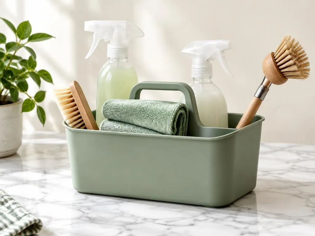 Sage-green cleaning caddy with spray bottles, a folded microfibre cloth and natural brushes on clean marble