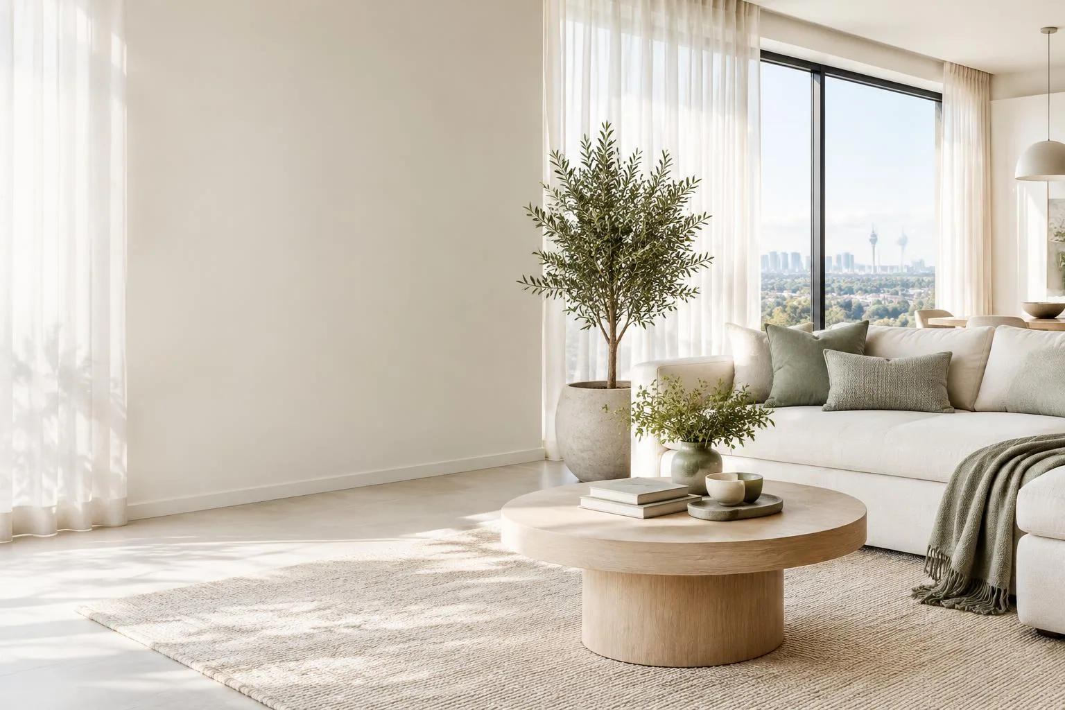 Bright, airy living room with a cream sofa, sage cushions, a round wooden coffee table and morning light